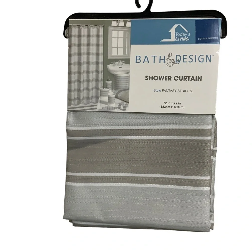 Striped Fabric Shower Curtain Ceramic Accessories 3 Pieces White Grey Tan Khaki